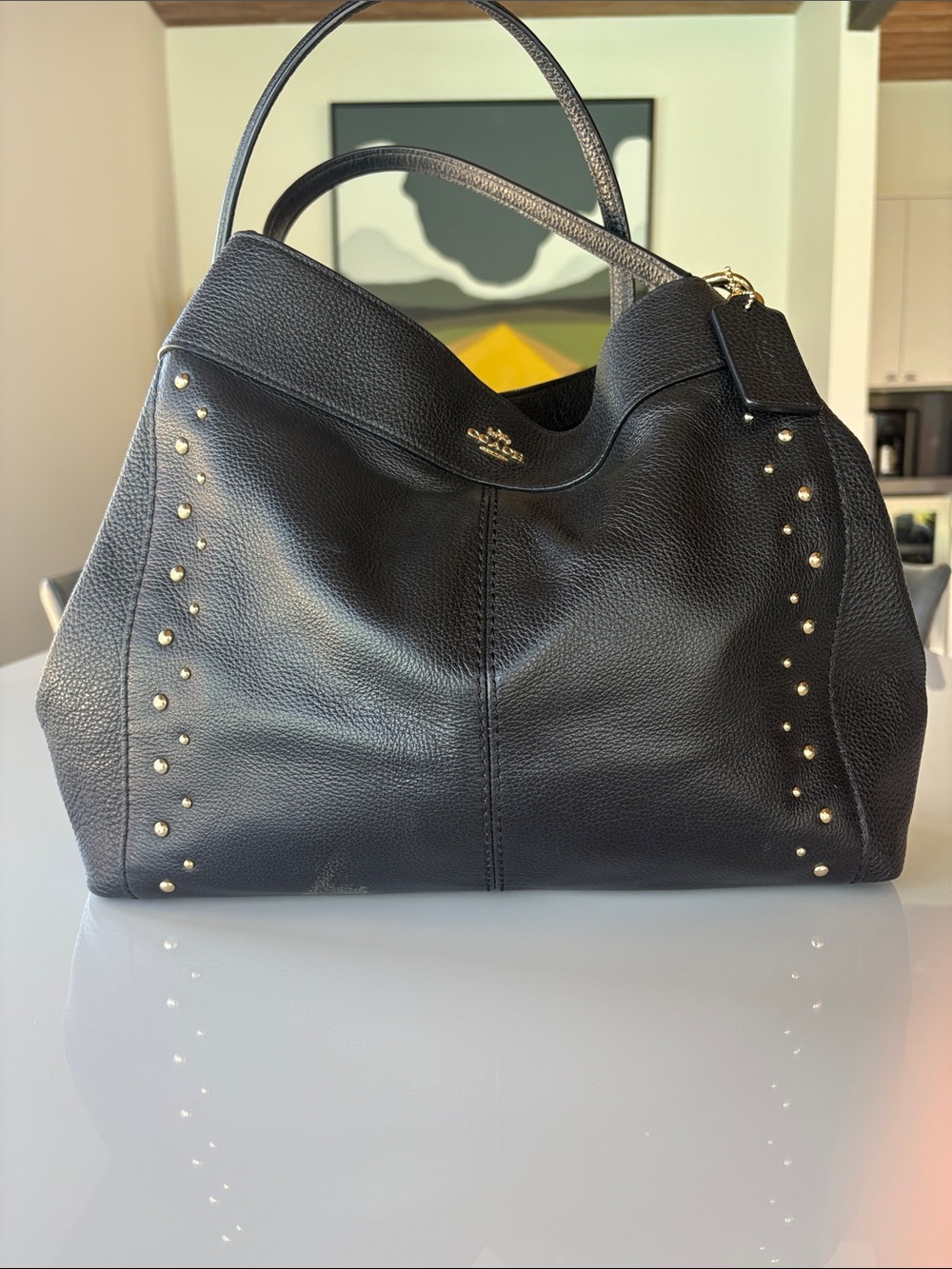 Coach Black Pebbled Leather Shoulder Bag with Gold Studs